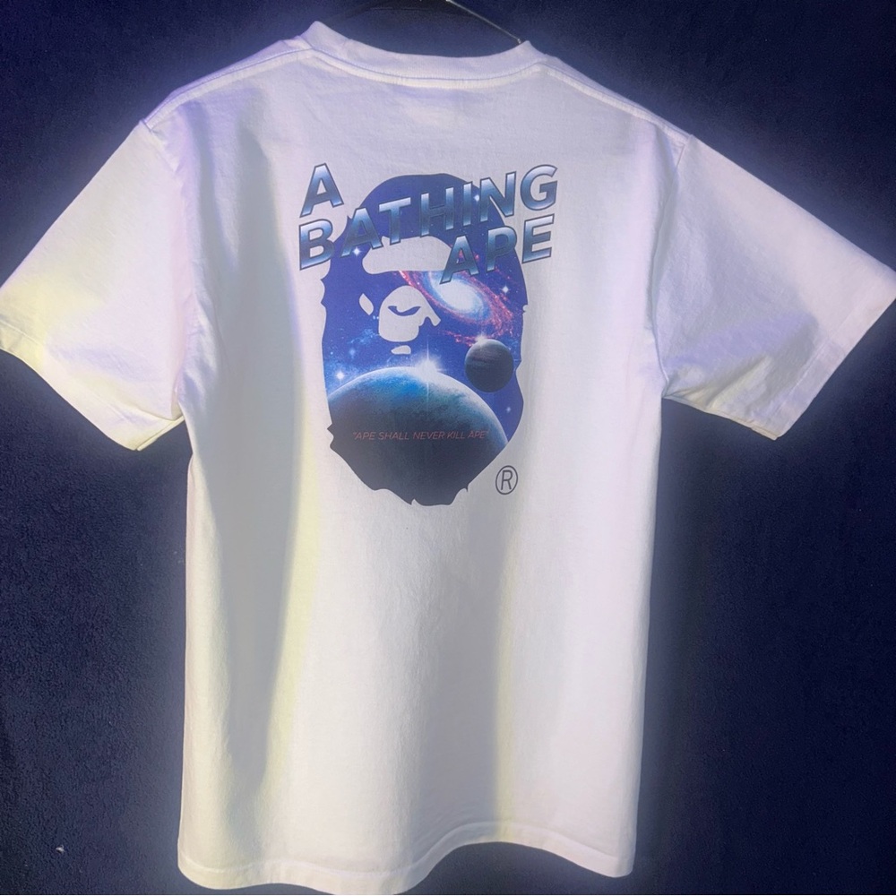 Authentic BAPE White & Blue T-shirt w/ multi-colored design A Bathing Ape